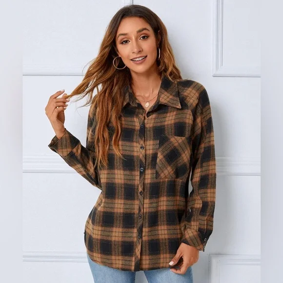 Blooming Jelly Long Sleeve Flannel Plaid Top Casual Fall Shacket Size Large - Picture 1 of 8